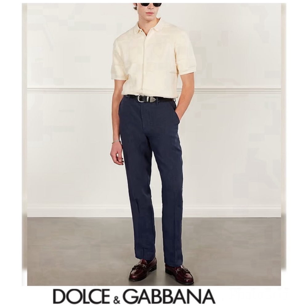 DOLCE & GABBANA Navy Linen Blend Straight Leg Long Luxury Dress Pants Sz 42